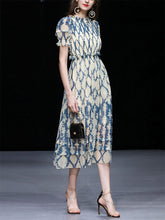 Load image into Gallery viewer, Blue Floral Print Puff Sleeve Organza 1950S Dress