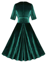 Load image into Gallery viewer, Dark Green V Neck Short Sleeve Velvet Vintage Swing Dress