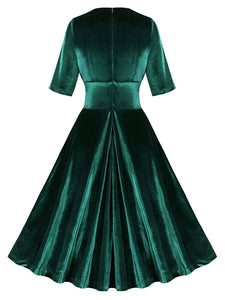 Dark Green V Neck Short Sleeve Velvet Vintage Swing Dress