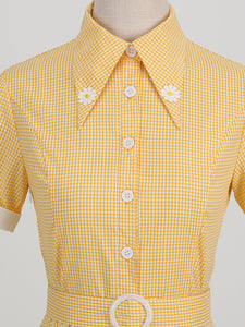 Yellow And White Plaid Daisy Claasic Collar 1950S Dress With Belt Set