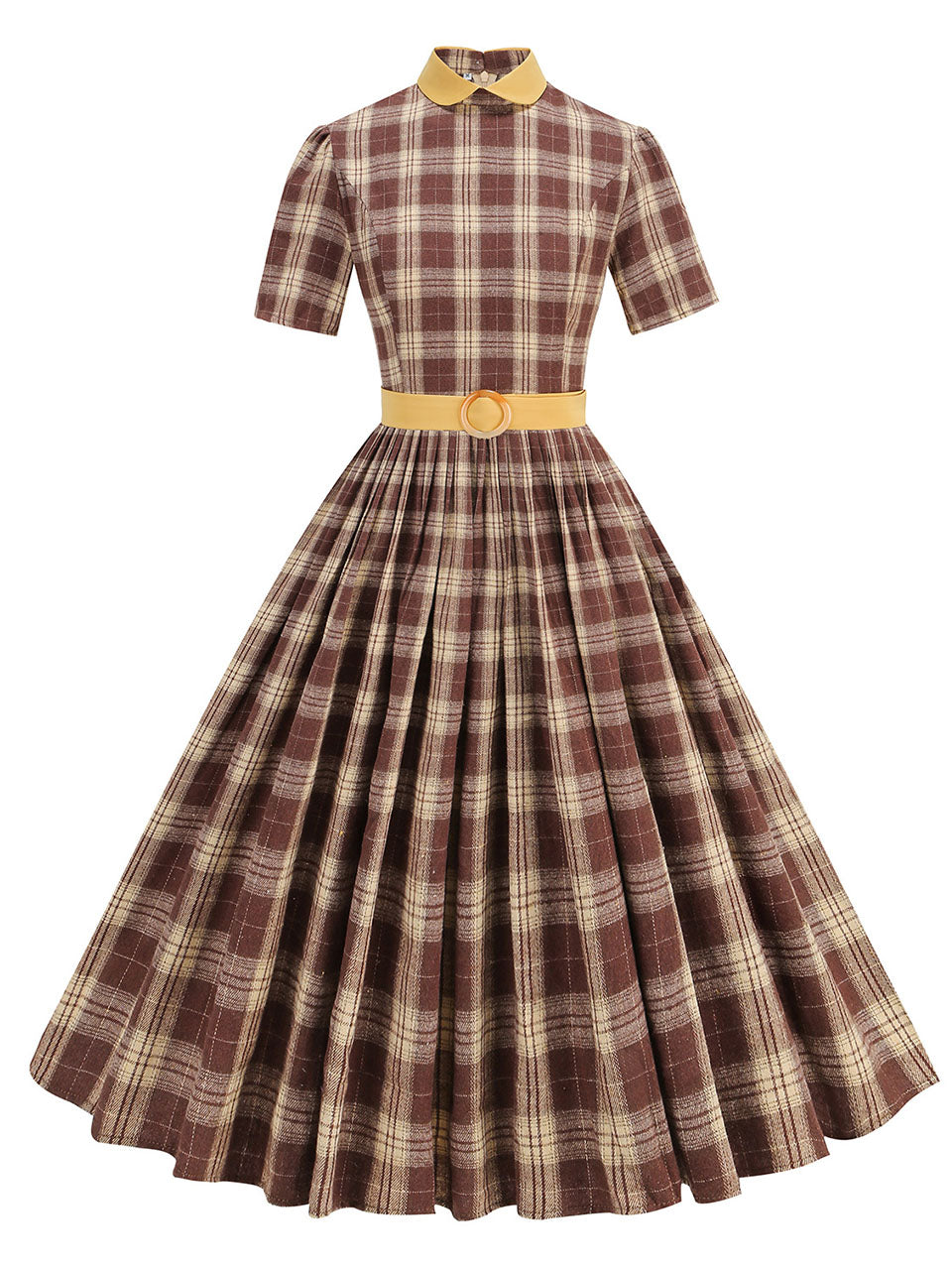 vintage peter pan collar dress 1950s Peter Pan Collar Plaid Vintage Swing Dress, Brown / S