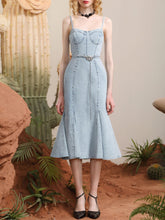Load image into Gallery viewer, Light Blue Denim Spaghetti Strap Pearl Dress Fishtail Vintage Dress