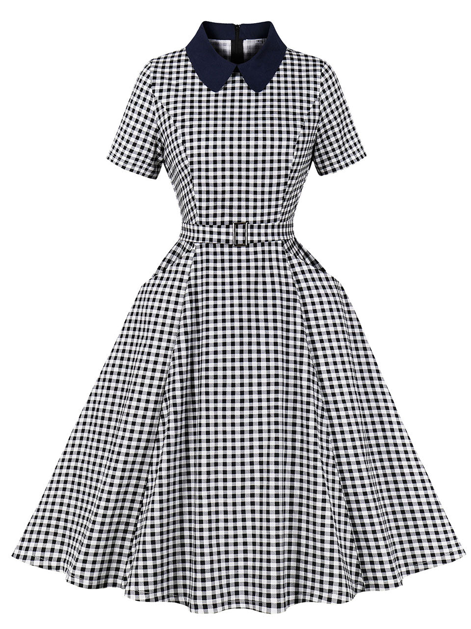 1950S Black Peter Pan Collar Plaid Short Sleeve Vintage Swing Dress With Pockets