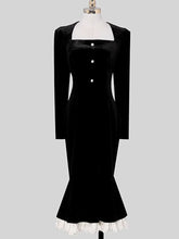 Load image into Gallery viewer, Black Square Neck Ruffle Velvet Fishtail Lace Vintage Dress