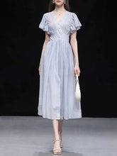 Load image into Gallery viewer, Light Blue Striped V Neck 1950S Vintage Dress