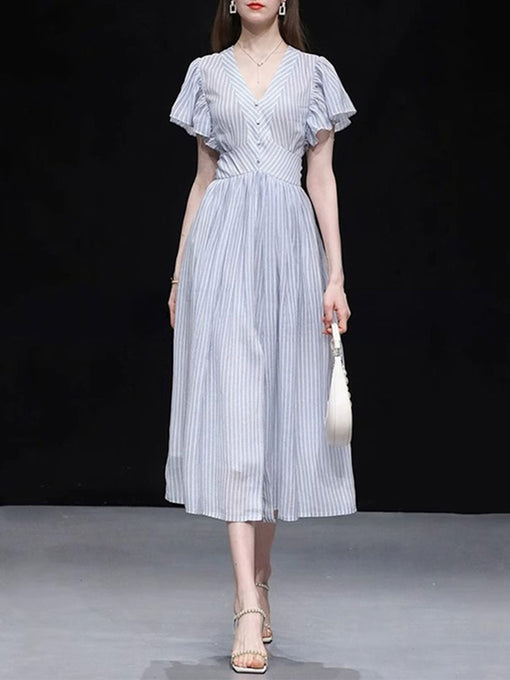 Light Blue Striped V Neck 1950S Vintage Dress