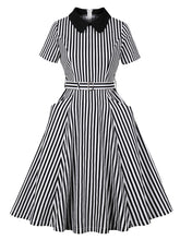 Load image into Gallery viewer, Black Peter Pan Collar Stripe 1950s Vintage Swing Dress With Pocket