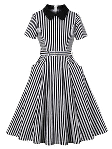 Black Peter Pan Collar Stripe 1950s Vintage Swing Dress With Pocket