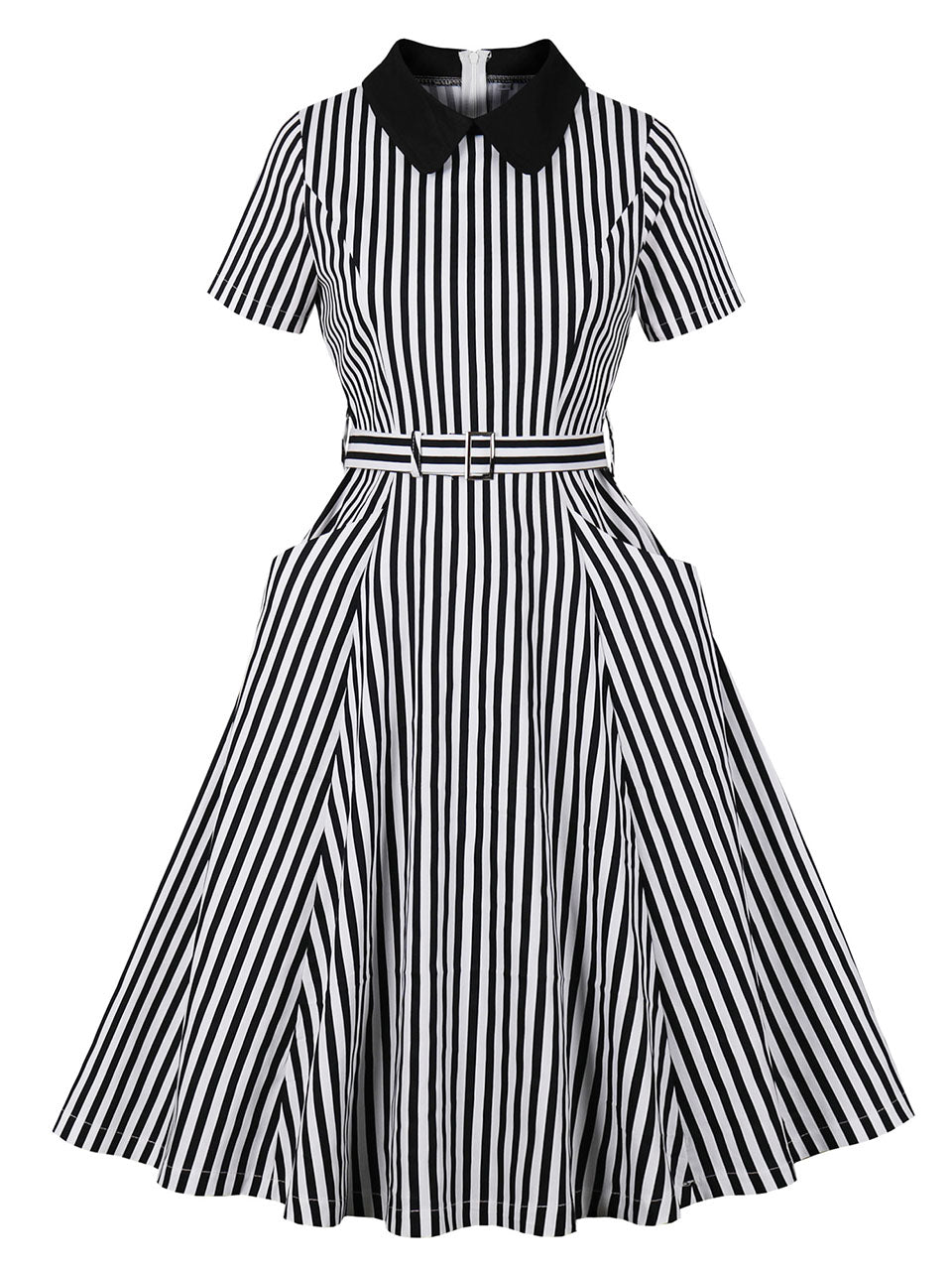 Black Peter Pan Collar Stripe 1950s Vintage Swing Dress With Pocket