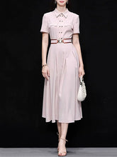 Load image into Gallery viewer, Women’s Apricot Pink Double-Breasted Belted Tunic Shirt Dress