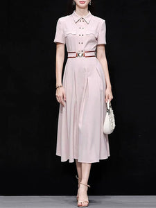 Women’s Apricot Pink Double-Breasted Belted Tunic Shirt Dress