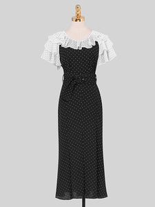 Black Polka Dots Collaret Ruffles Sleeve Mermaid Vintage Dress