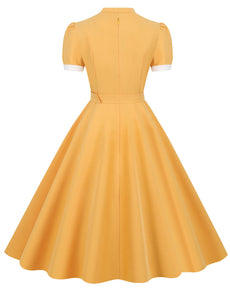 Yellow V Neck Short Sleeve Swing Vintage 1950S Dress With Belt
