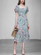 Load image into Gallery viewer, Blue Tulip Print Pearl 1950S Vintage Dress With Puff Sleeve