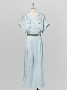 Baby Blue Lapel Collar Cotton And Linen Short Sleeve Workwear Jumpsuit