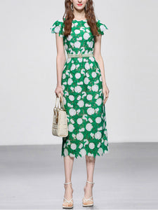 Green Fruit Embroidery Hollow Lace 1960S Vintage Fishtail Dress With Pearls Belt