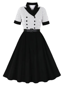 1950S Black Stripe Turndown Collar Short Sleeve Vintage Dress