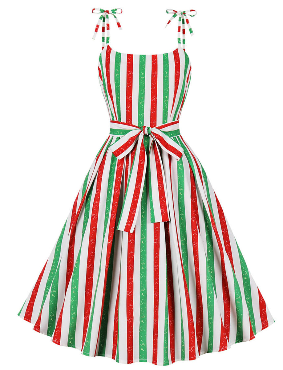 Christmas Green Spaghetti Strap Vintage Swing Dress Jolly Vintage
