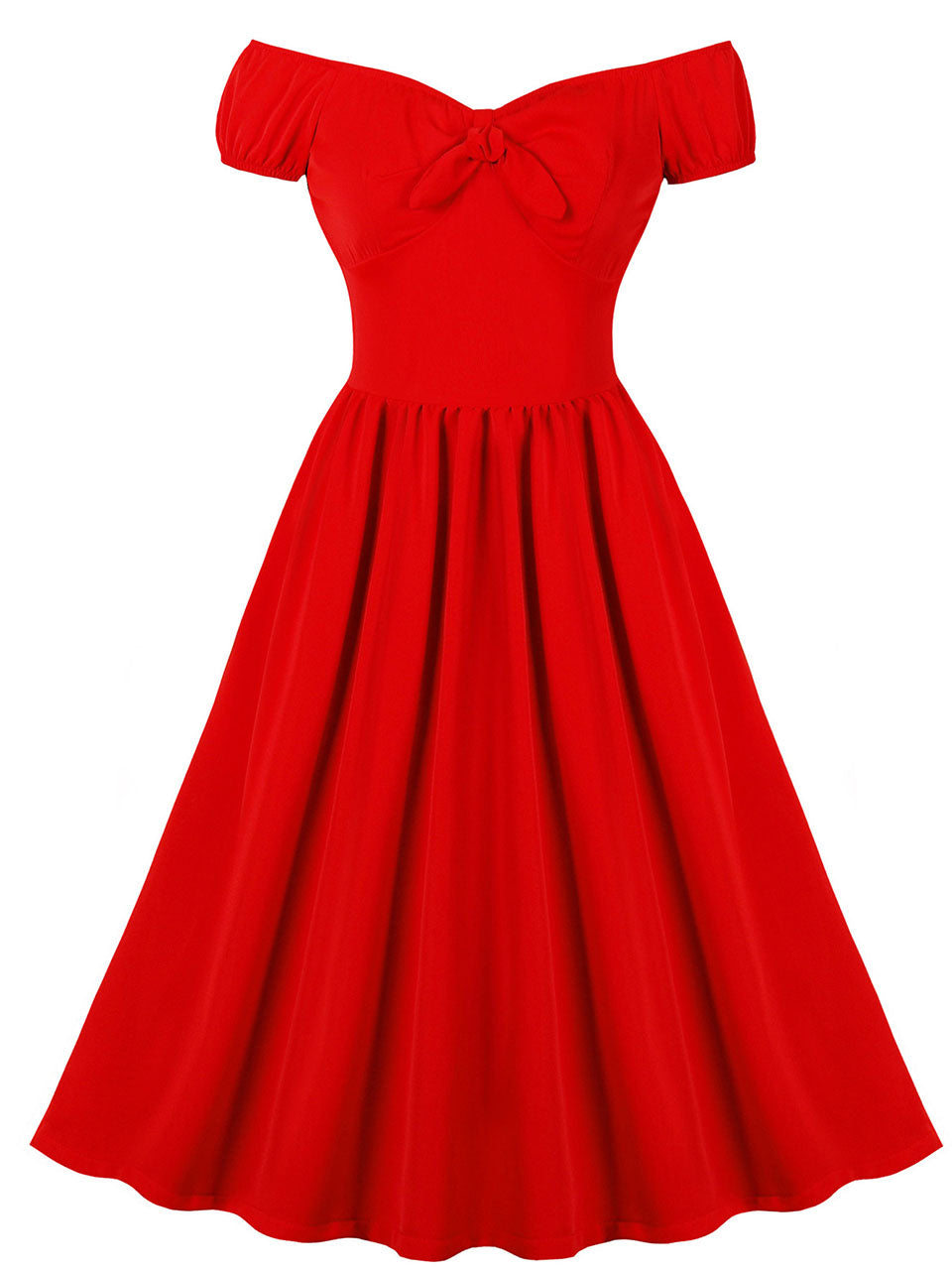 Red Off Shoulder Short Sleeve Vintage Swing Dress