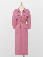 Load image into Gallery viewer, Nude Pink Turndown Collar Half Sleeve 1940S Vintage Dress With Pockets