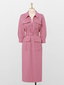 Nude Pink Turndown Collar Half Sleeve 1940S Vintage Dress With Pockets