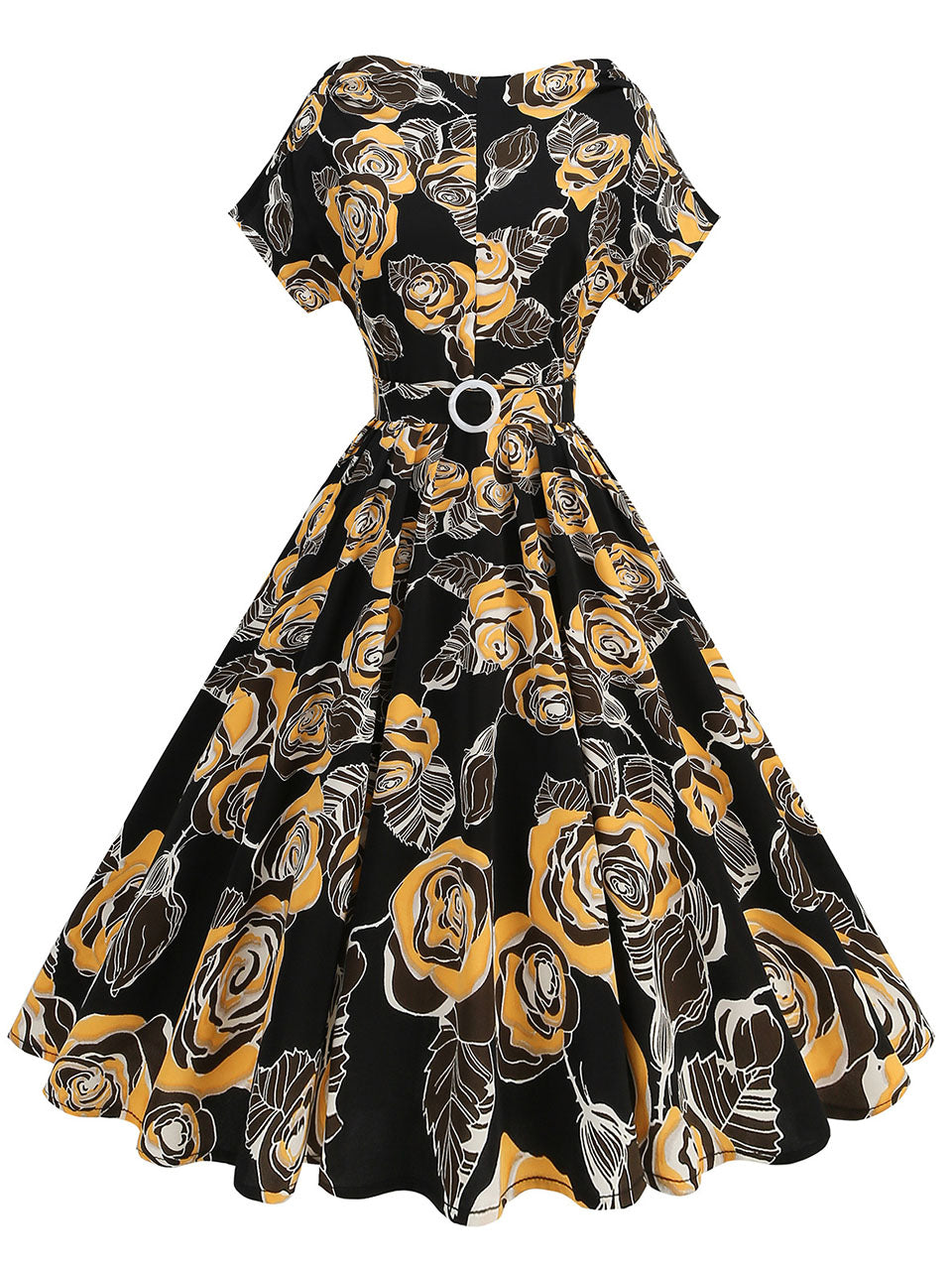 1950s Brown Rose Print Short Sleeve Vintage Swing Dress, Brown / XL
