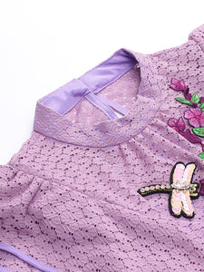 Purple Flower Embroidered Ruffles Long Sleeve 1950s Vintage Party Dress