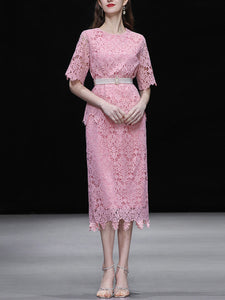 2PS Sweet Pink Crew Neck Lace Mermaid Skirt Suit With Pearl Belt