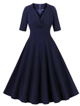 Load image into Gallery viewer, Navy V Neck Short Sleeve 1950S Vintage Dress