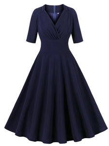 Navy V Neck Short Sleeve 1950S Vintage Dress