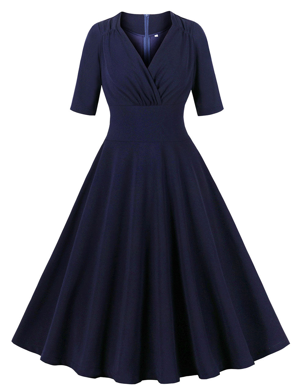 Navy V Neck Short Sleeve 1950S Vintage Dress