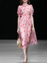 Load image into Gallery viewer, Pink Floral Print Ruffles 1950S Chiffon Vintage Dress