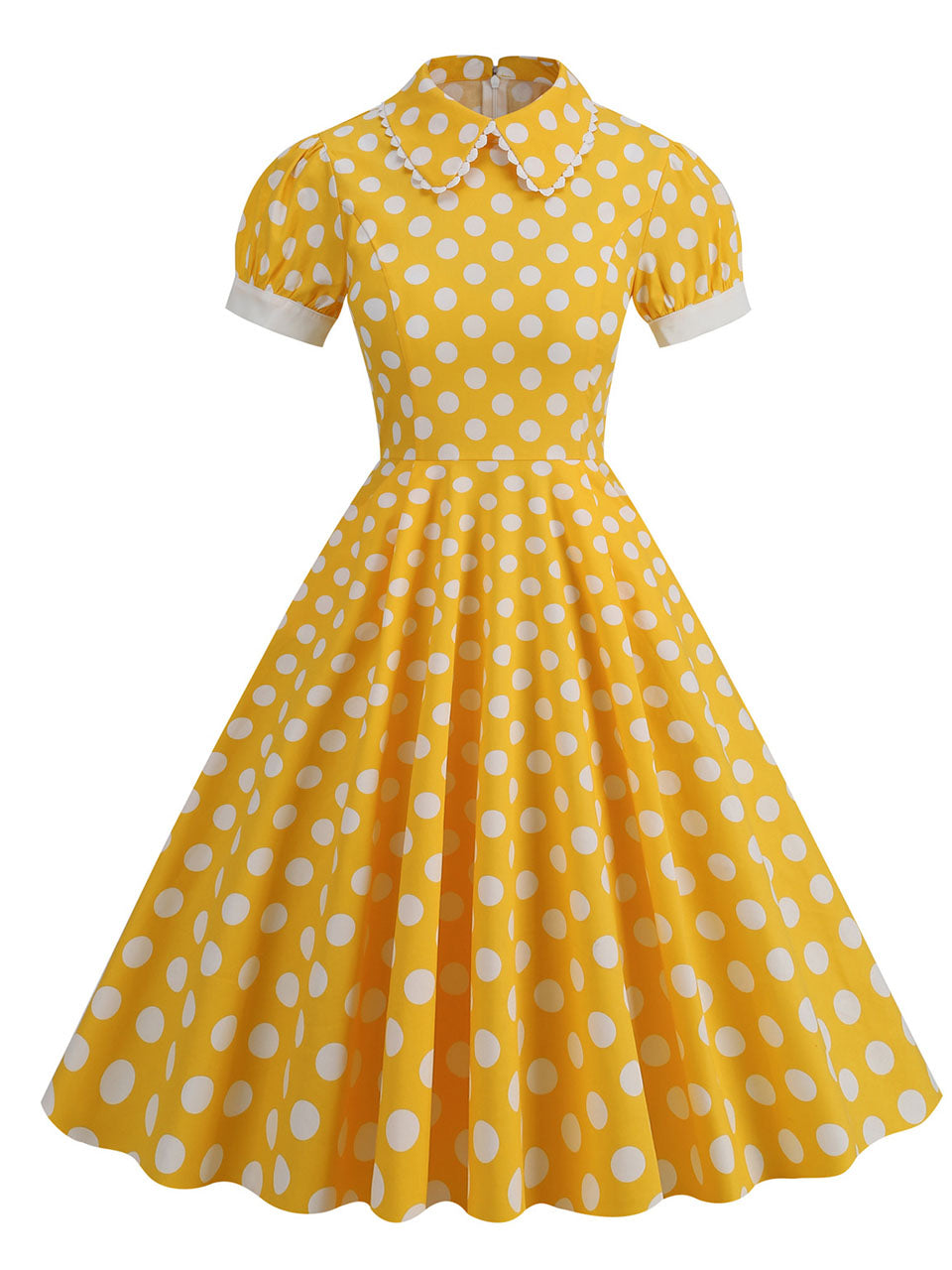 yellow and red polka dot dress SHEIN PariChic Women's Elegant 1960s Vintage Summer Dress,French Retro Ruffle Edge Lace Up V-Neck Cinched Waist A-Line Skirt,Holiday Vacation,Holiday Nellie Mini Dress Yellow Polka