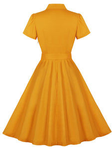 Yellow Turndown Collar Short Sleeve 1950S Vintage Dress With Belt
