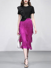 Load image into Gallery viewer, 2PS Black Ruffles Retro Short Sleeve T Shirt With Fringe Skirt Suits