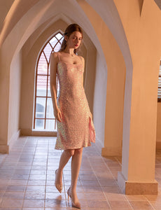 Pink Sequined Split Sexy Bodycon Dress With Straps