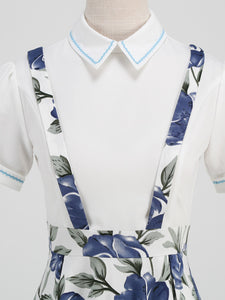 Navy Floral Print High Waist Audrey Hepburn Style Cocktail Suspender Swing Dress