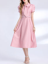Load image into Gallery viewer, Pink Satin Bowknot Short Sleeve Classic 1950S Vintage Sweet Party Dress