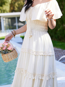 White Bohemian Off The Shoulder Ruffled Tassel High Waist Boho Maxi Dress