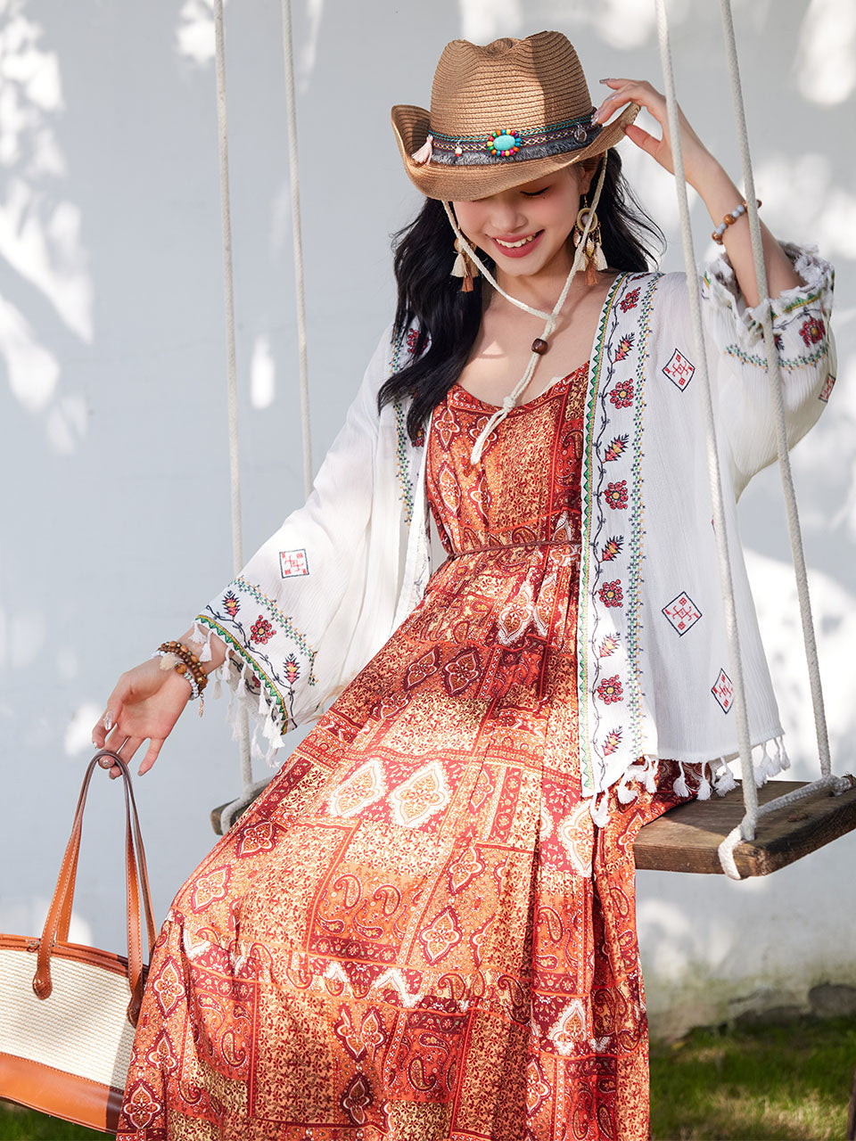 Bohemian Orange Strap Boho Maxi Dress with White Tassel Scarf Shawl, Orange / Xs Bohemian Orange Strap Boho Maxi Dress with White Tassel Scarf Shawl, Orange / Xs