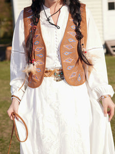 Bohemian White Embroidered Cotton Maxi Dress with Suede Embroidered Vest Boho Suit