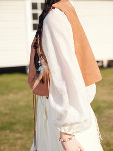 Bohemian White Ruffles Cotton Maxi Dress with Suede Embroidered Vest Boho Suit