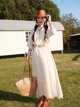 Load image into Gallery viewer, Bohemian White Embroidered Cotton Maxi Dress with Suede Embroidered Vest Boho Suit