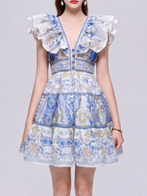 Load image into Gallery viewer, Women’s Boho Yellow Floral Printed Chiffon V-Neck Ruffled Summer Beach Mini Dress