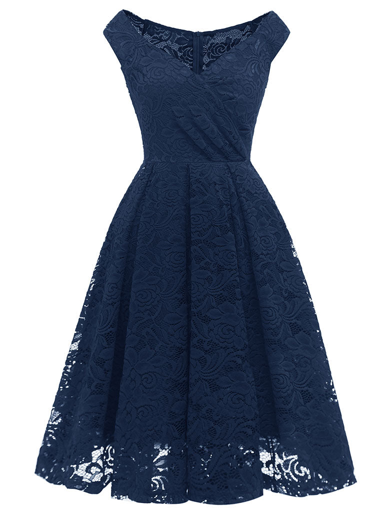Solid Color Lace Cap Sleeve V Neck 50s Party Swing Dress, Navy / XL
