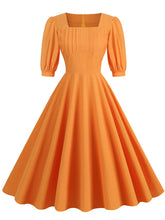 Load image into Gallery viewer, Orange Square Collar Puff Sleeve 1950S Cotton Dress