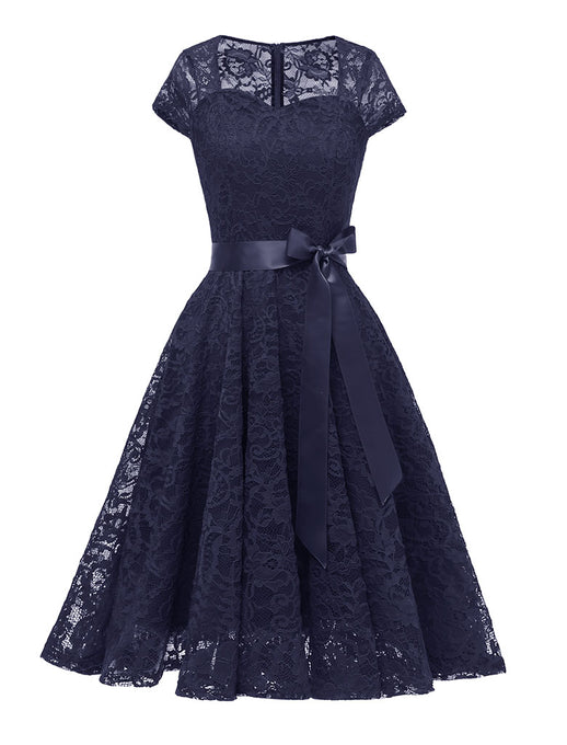 Navy Semi Sheer Solid Color 50s Party Lace Swing Dress