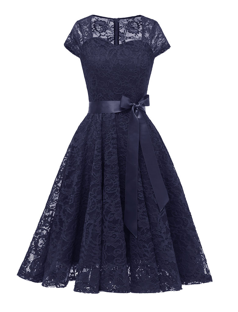 Navy Semi Sheer Solid Color 50s Party Lace Swing Dress