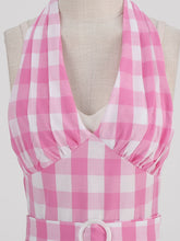 Load image into Gallery viewer, Pink And White Plaid Halter Deep V Neck 1950S Vintage Dress With Belt