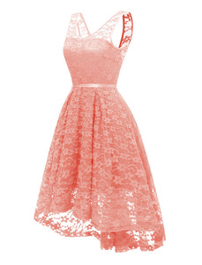 Pink Autumn Lace V Neck Irregular Hem 50s Party Dress